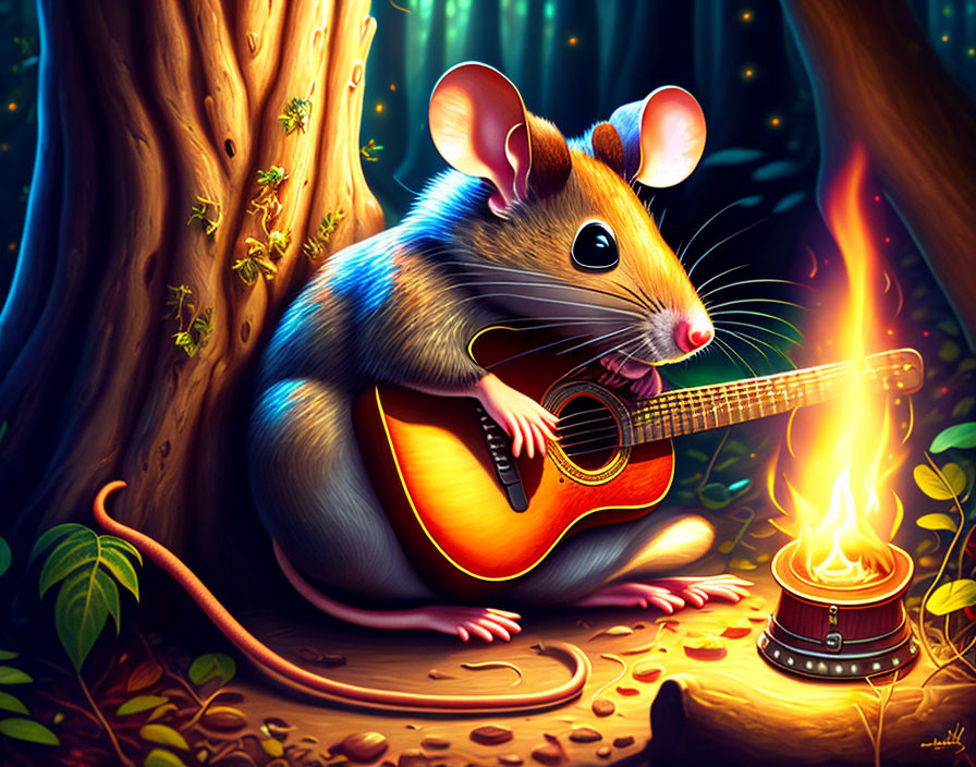 Illustrated mouse playing guitar by campfire in forest at night
