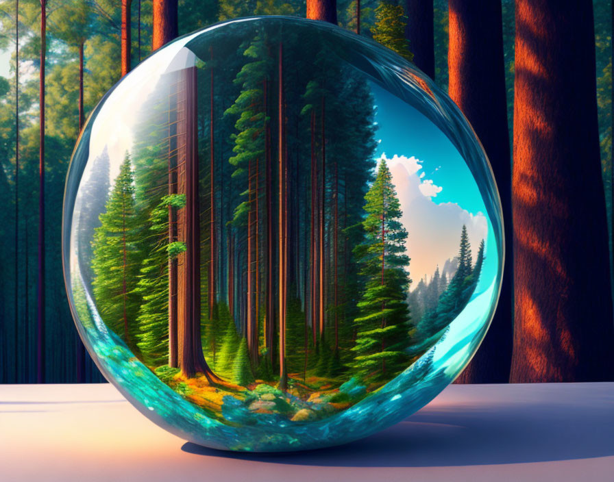 Crystal ball reflects lush forest scene against shaded pine trees