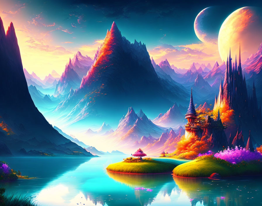Majestic fantasy landscape with mountains, river, flora, castle, and moons