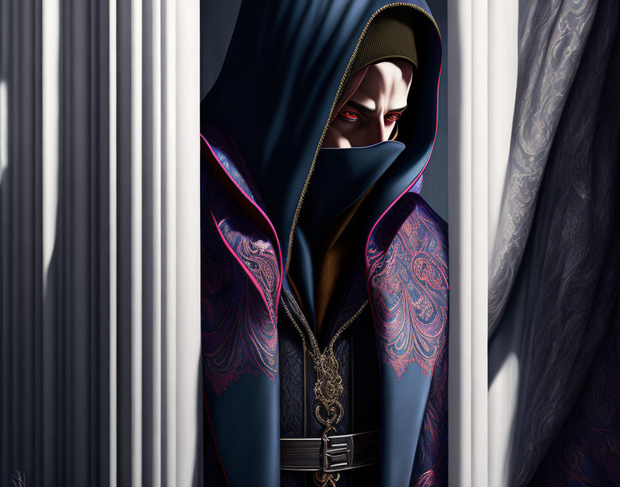 Mysterious figure in hooded cloak with blue patterns and intense gaze