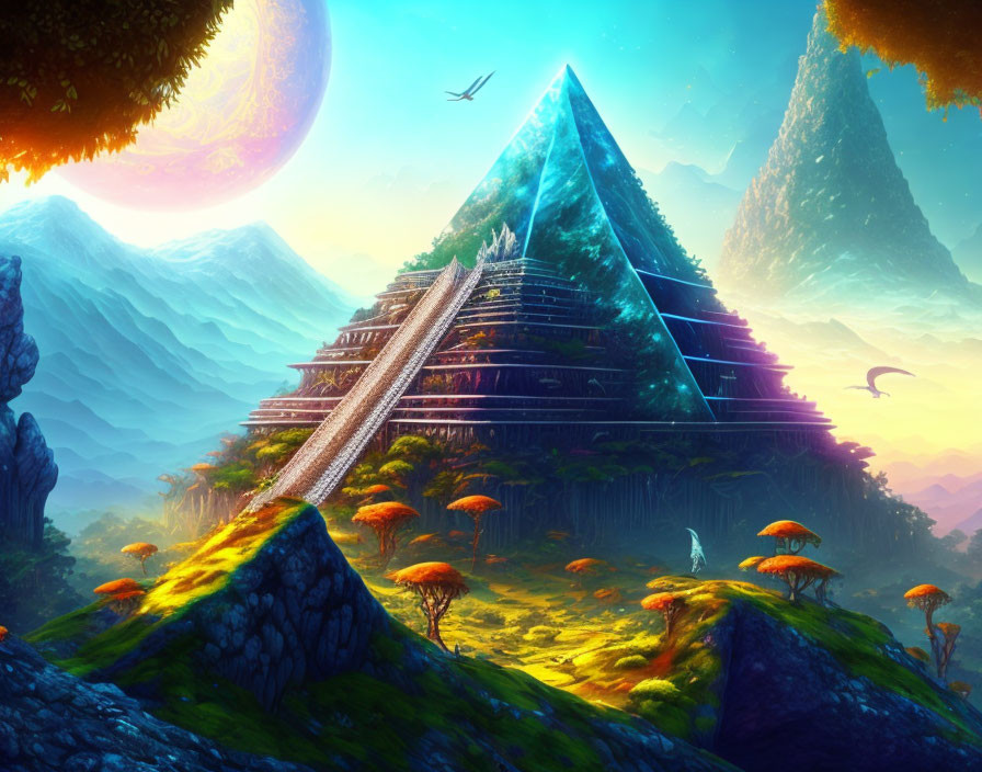 Colorful fantasy landscape with glowing pyramid, exotic trees, moon, and birds at sunset