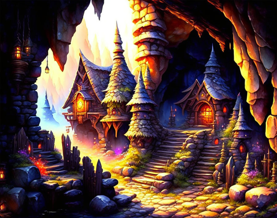Enchanting fantasy village with cozy cottages nestled among rock formations