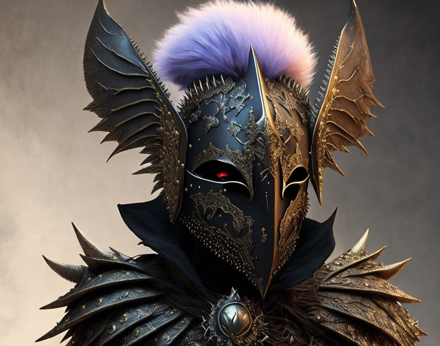Detailed Black and Gold Helmet with Purple and Pink Plumage