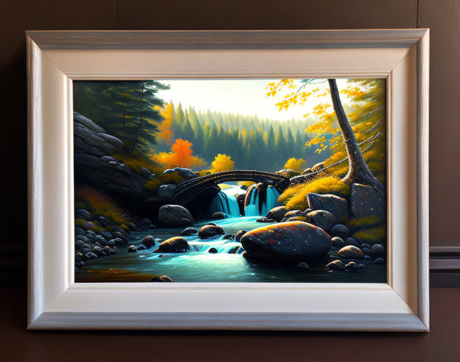 Autumn forest painting with waterfall and bridge in sunlight