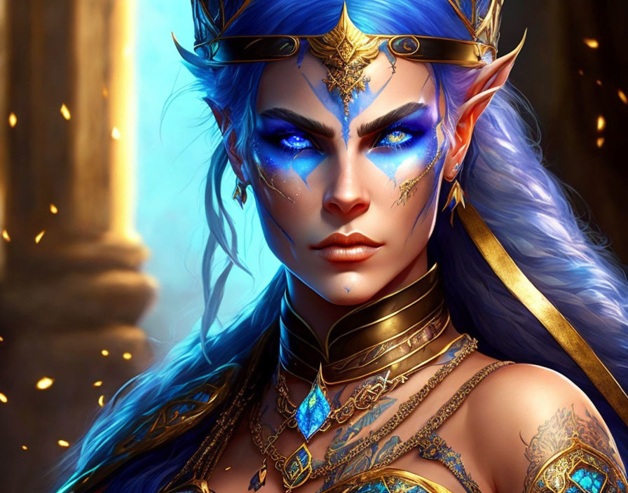 Fantasy elf with blue skin and golden armor in majestic illustration
