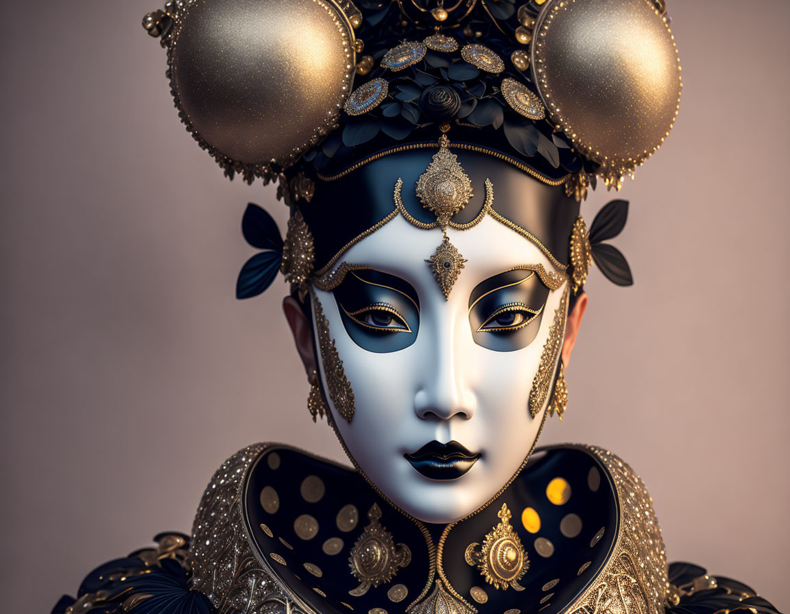 Detailed Stylized Portrait with Gold and Black Headdress and Traditional Makeup