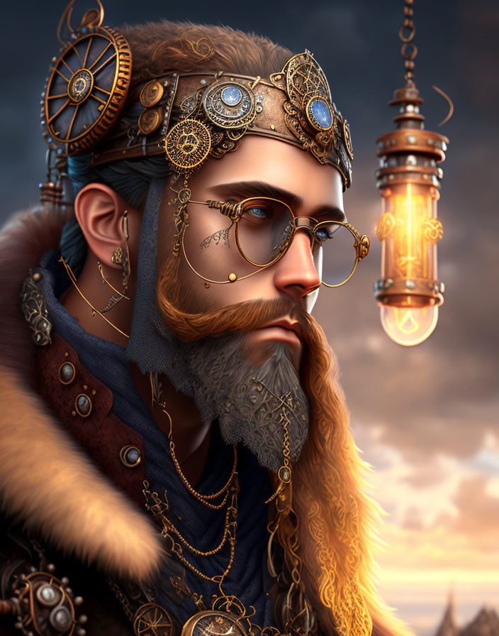Steampunk-style portrait of man with detailed beard and goggles