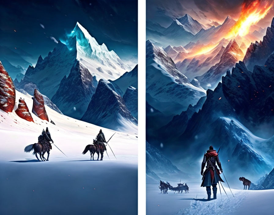 Split-Scene Digital Artwork: Snowy Mountain Landscape with Travelers and Dog