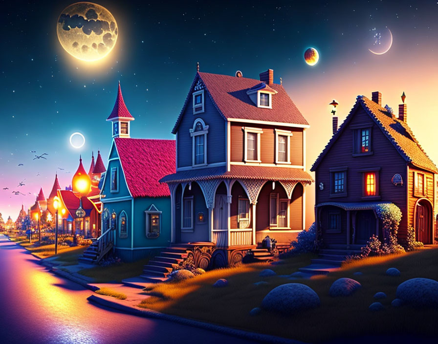 Victorian-style houses under multiple moons and starry night sky