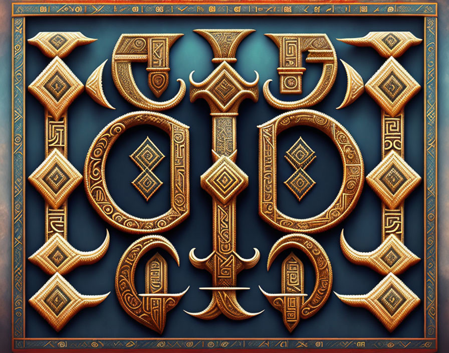 Golden ornamental letters on rich blue background: Antique luxury design