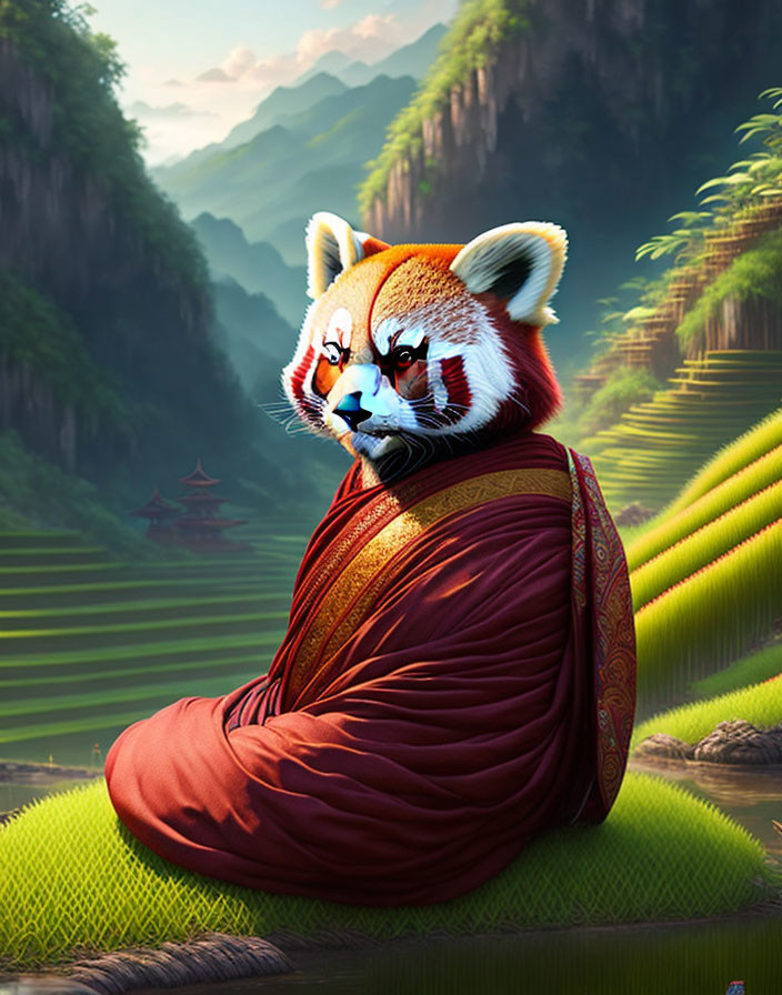 Red panda in monk's robes meditating in mountain valleys and pagodas