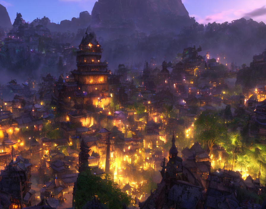 Ancient city at dusk with pagoda-style architecture, mountains, and mystical atmosphere