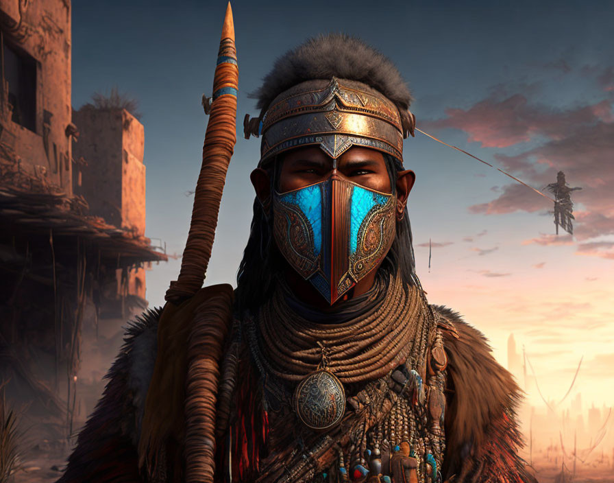 Warrior digital artwork with blue mask and tribal attire in post-apocalyptic setting