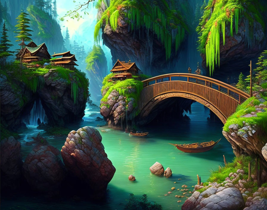 Tranquil fantasy landscape with wooden buildings, arched bridge, and serene waters