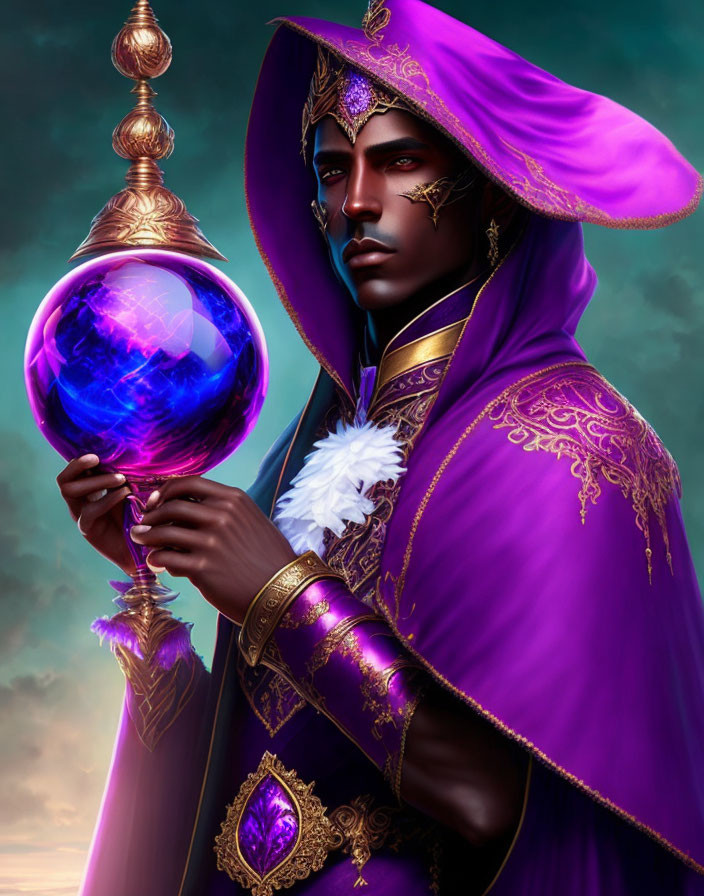 Regal figure in purple cloak with gold orb and circlet
