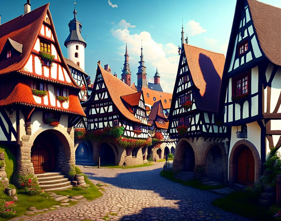 Medieval European village with half-timbered houses and castle tower