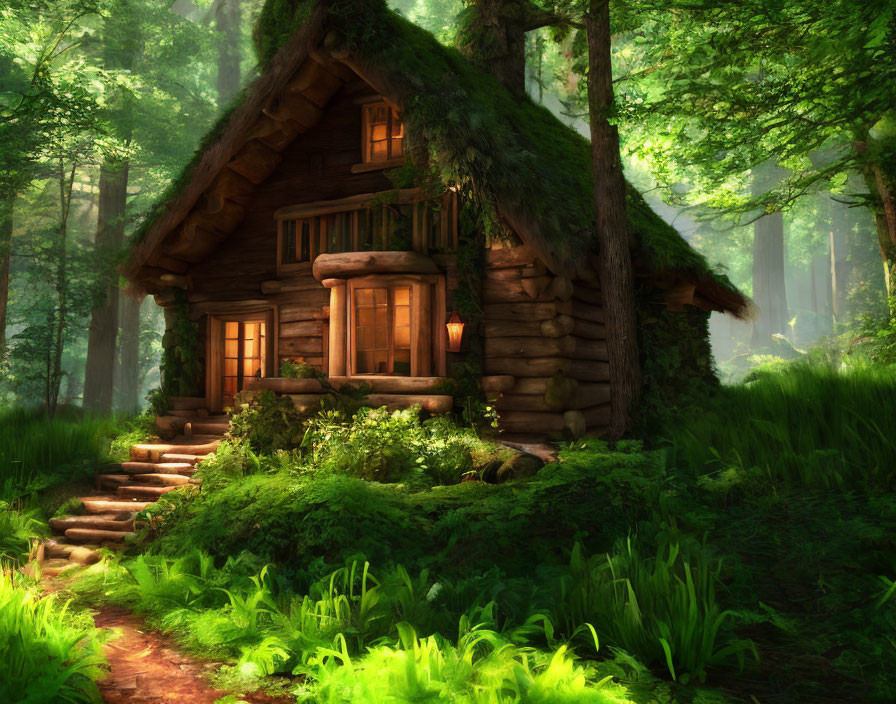 Rustic wooden cabin with moss-covered roof in sunlit forest