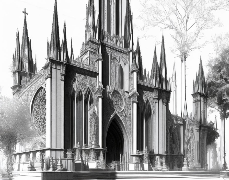 Monochrome Gothic cathedral with tall spires and intricate architecture