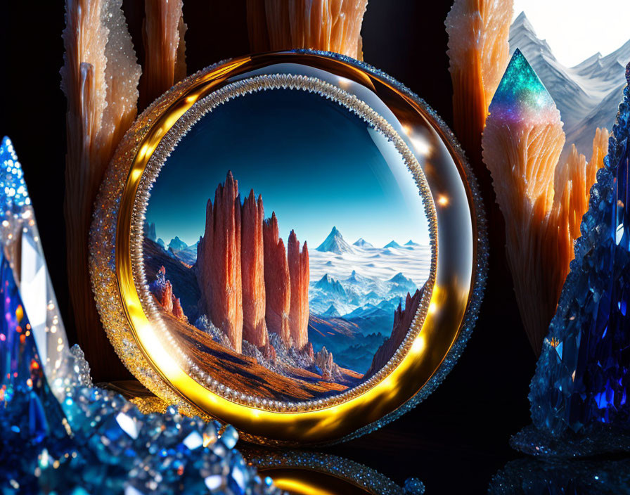 Gilded circular frame with mountain vista and vibrant crystalline formations