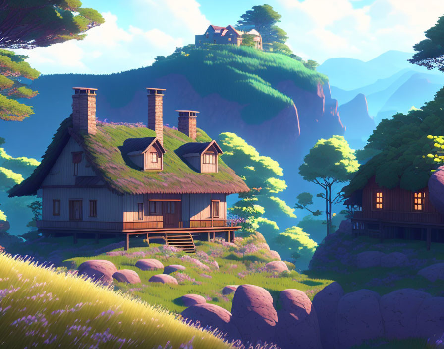 Rural house in a hilltop, anime coastal landscape,
