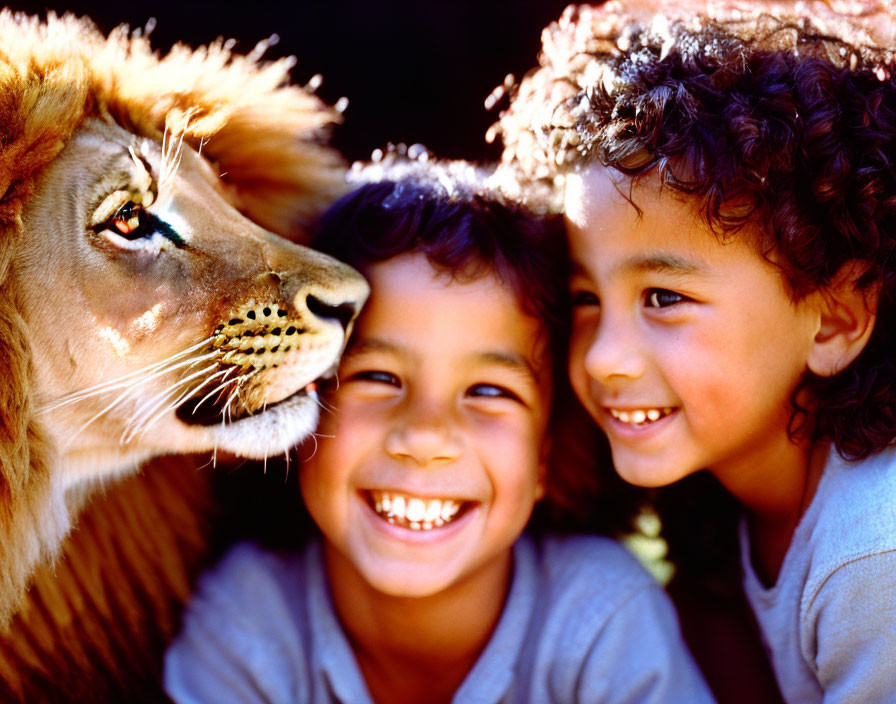 Smiling children near calm lion on dark background