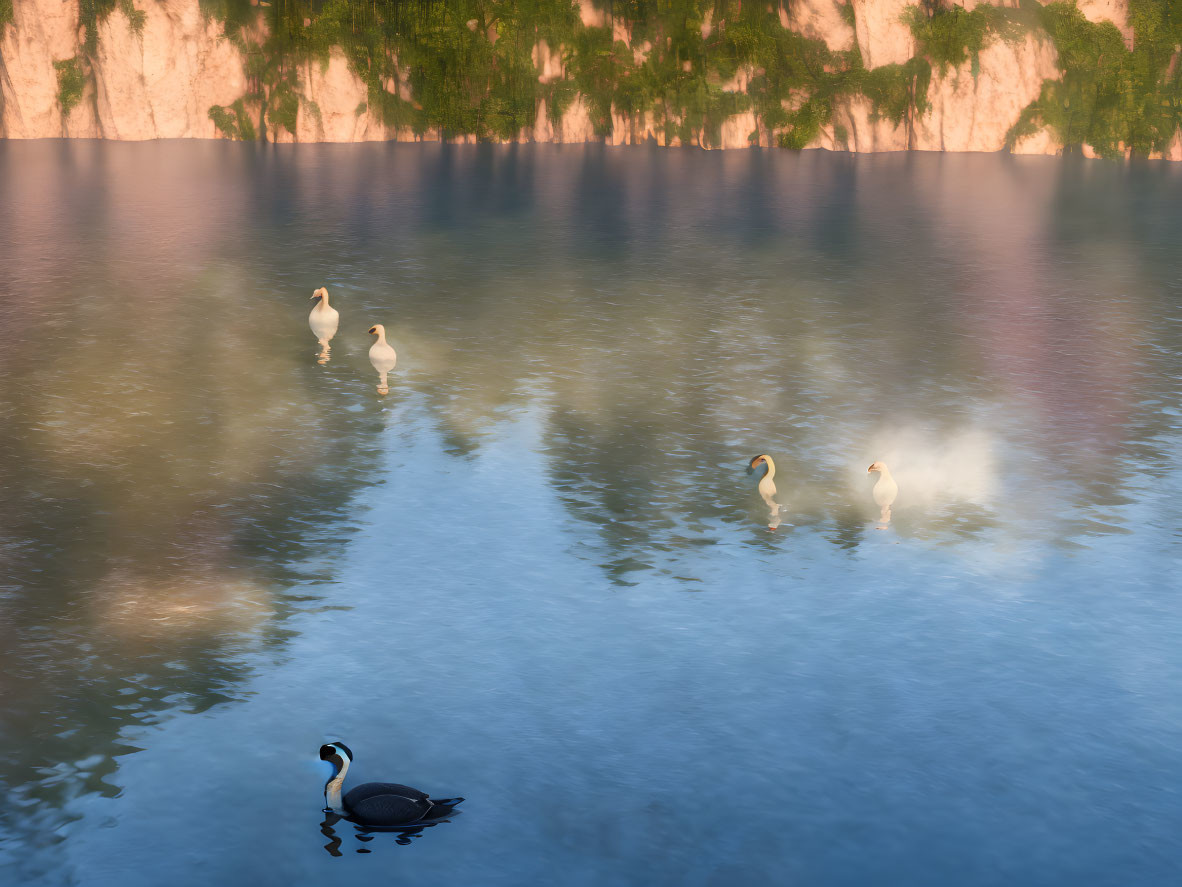 Tranquil lake scene with four ducks and pinkish sky reflection