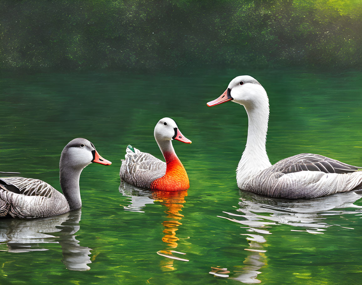 Three geese with varied feather patterns on calm, green water with foggy forest background