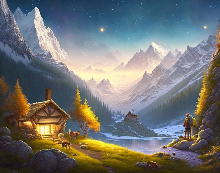 Mountain scene at dusk with cozy cabin, person with goats, reflective lake, autumn trees, starry