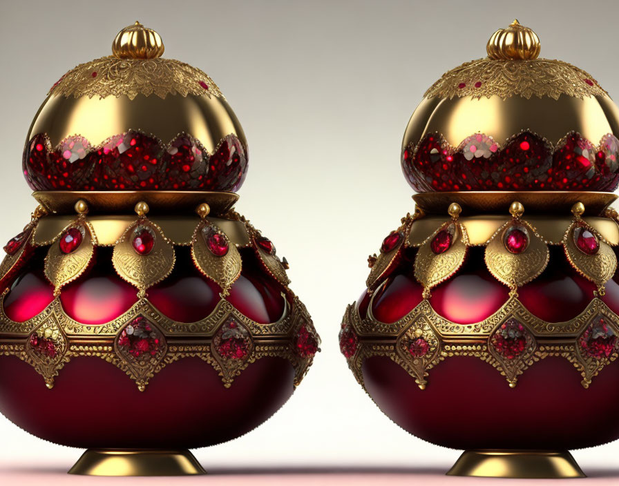Intricate Ruby-Red and Gold Christmas Baubles with Glitter and Jewels