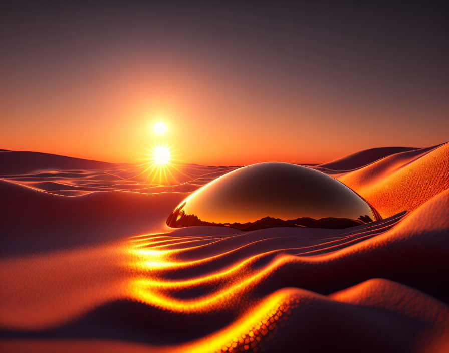 Surreal image: Large reflective sphere in sand dunes at sunset