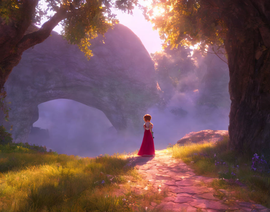 Young girl in red dress on cobblestone path in mystical forest with stone archway and sunlight.