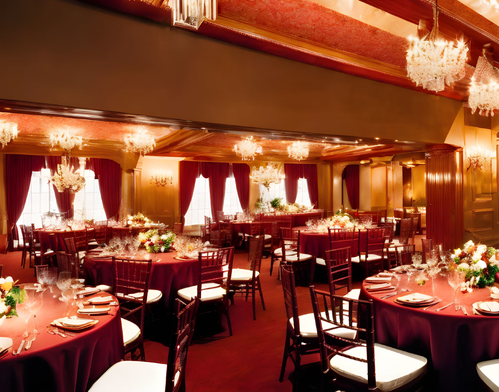 Luxurious Dining Room with Red Curtains, Chandeliers, and Fine China