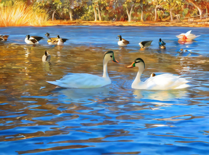 Swans and ducks on shimmering lake with autumn vegetation