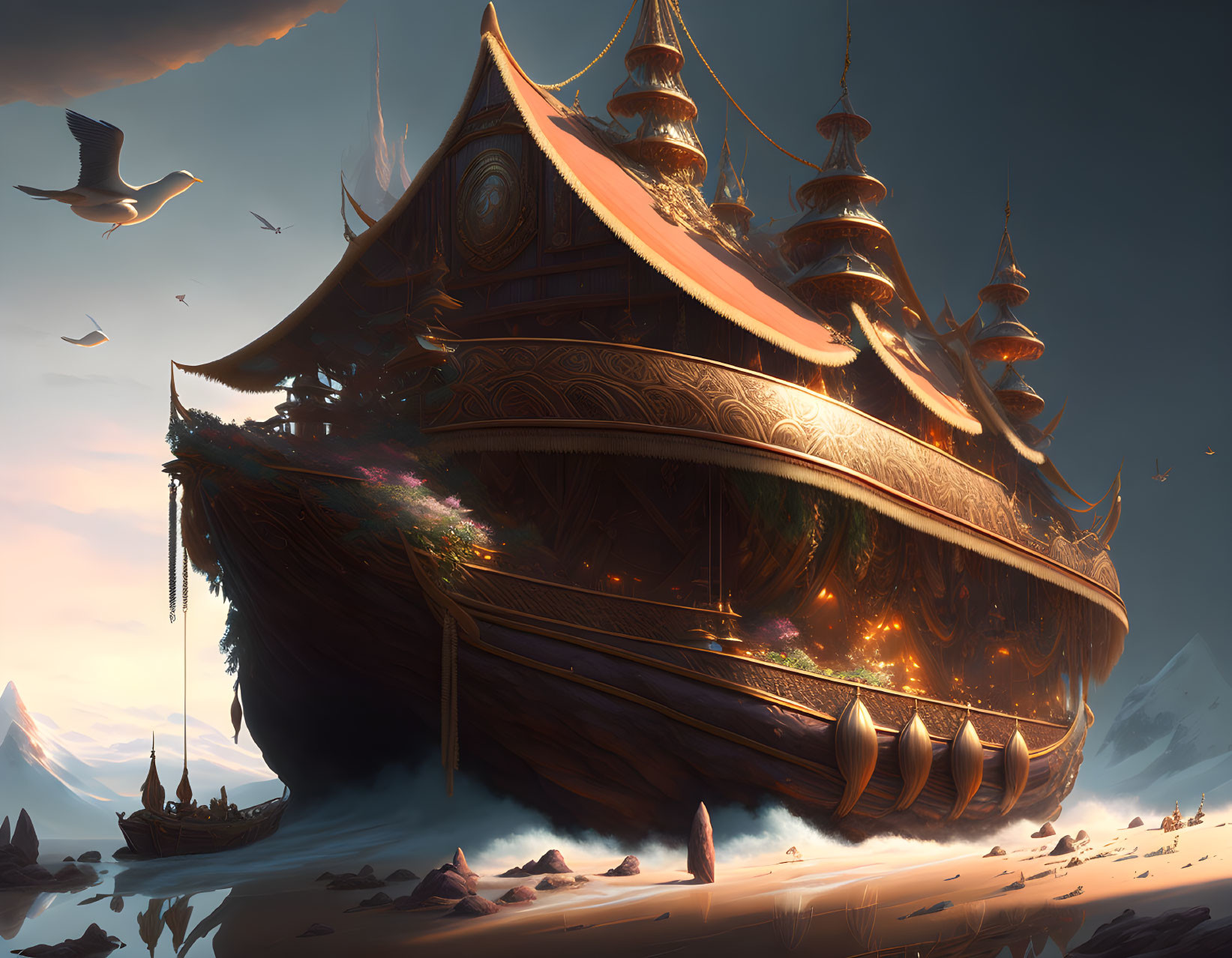Ornate large ship with intricate designs beached at dusk