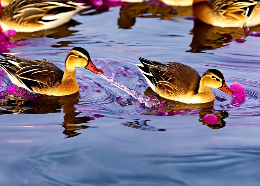 Ducks swimming in water with pink flower petals under golden sunlight