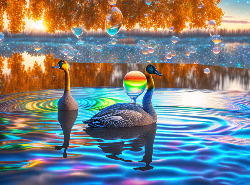 Vibrant geese on colorful water with bubbles in autumn forest sunset