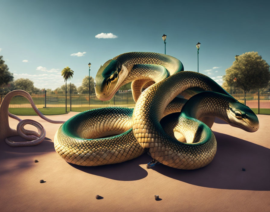 Giant snakes intertwine on a tennis court with grass, trees, and street lamps under a clear