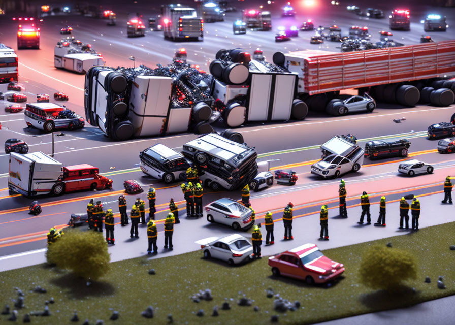 Miniature night scene of multi-vehicle traffic accident with emergency response and overturned trucks.