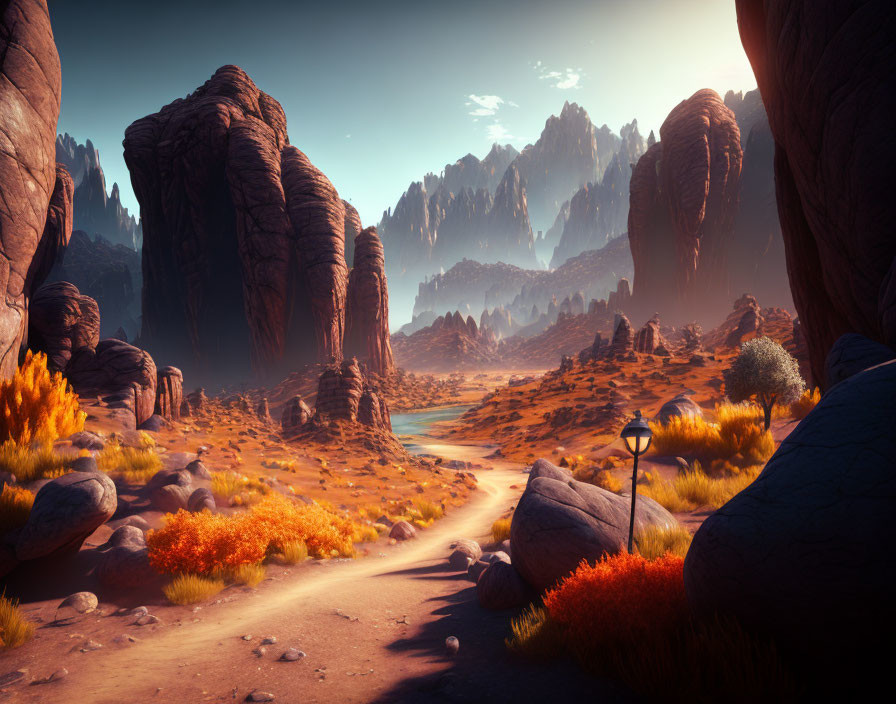 Tranquil landscape with rock formations, winding path, orange foliage, and distant mountains.
