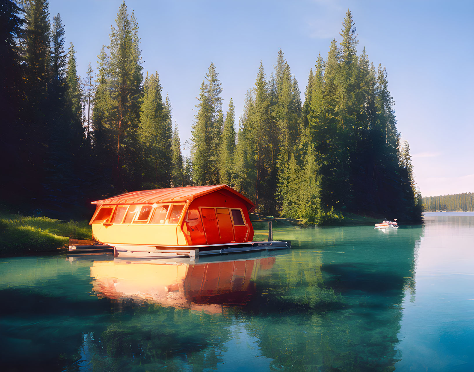 Tranquil lake scene with red-roofed houseboat near lush pine forest