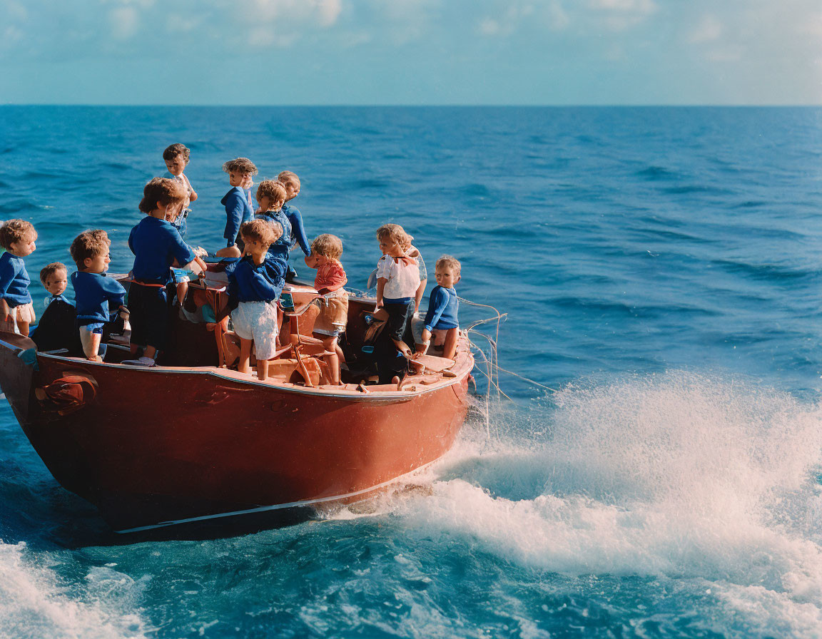 Children in life jackets on small boat at sea, gazing at water