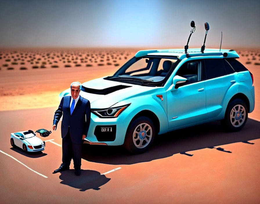 Man in suit with life-size car and miniature model in desert scene