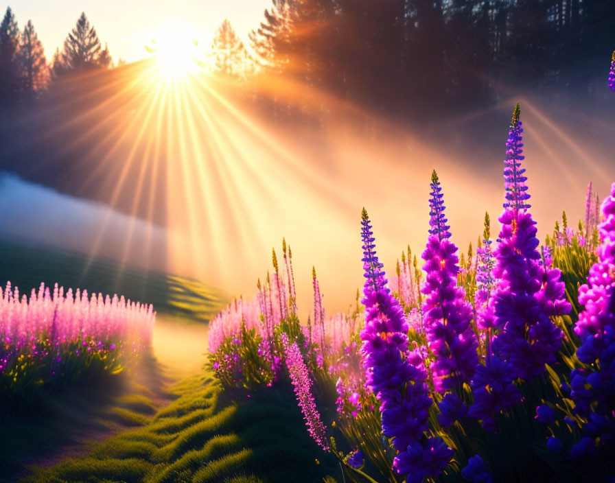 Tranquil Sunrise Over Vibrant Lupine Field