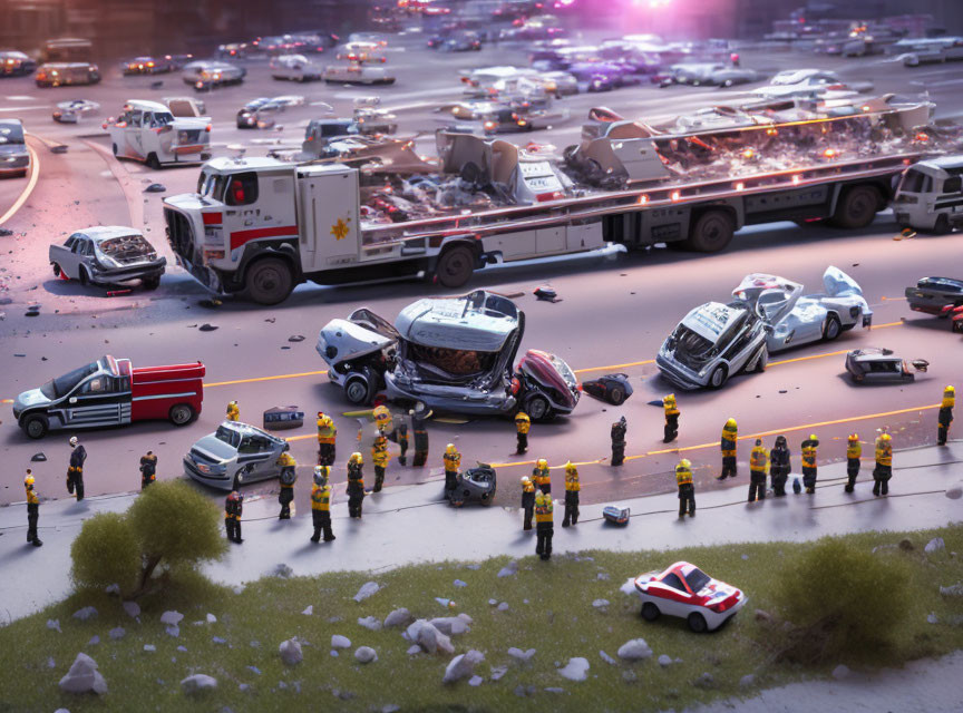 Miniature traffic accident diorama with emergency responders.