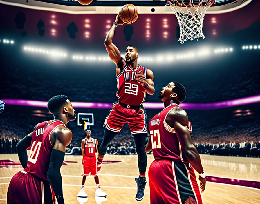 Basketball player in red uniform number 22 slam dunks with two defenders.