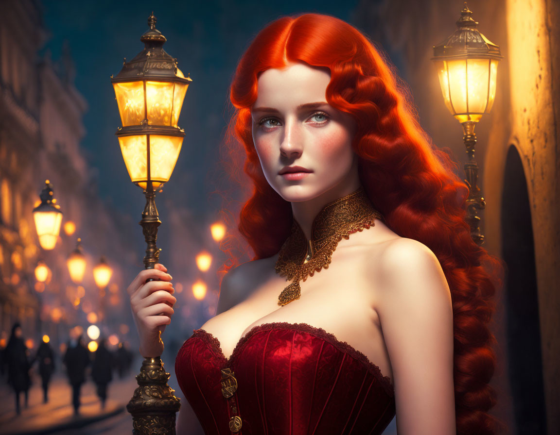 Victorian woman with red hair in gown on lamp-lit street at dusk