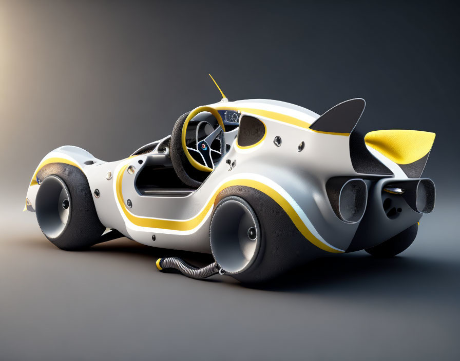 Futuristic White and Yellow Single-Seater Concept Car on Gray Gradient Background