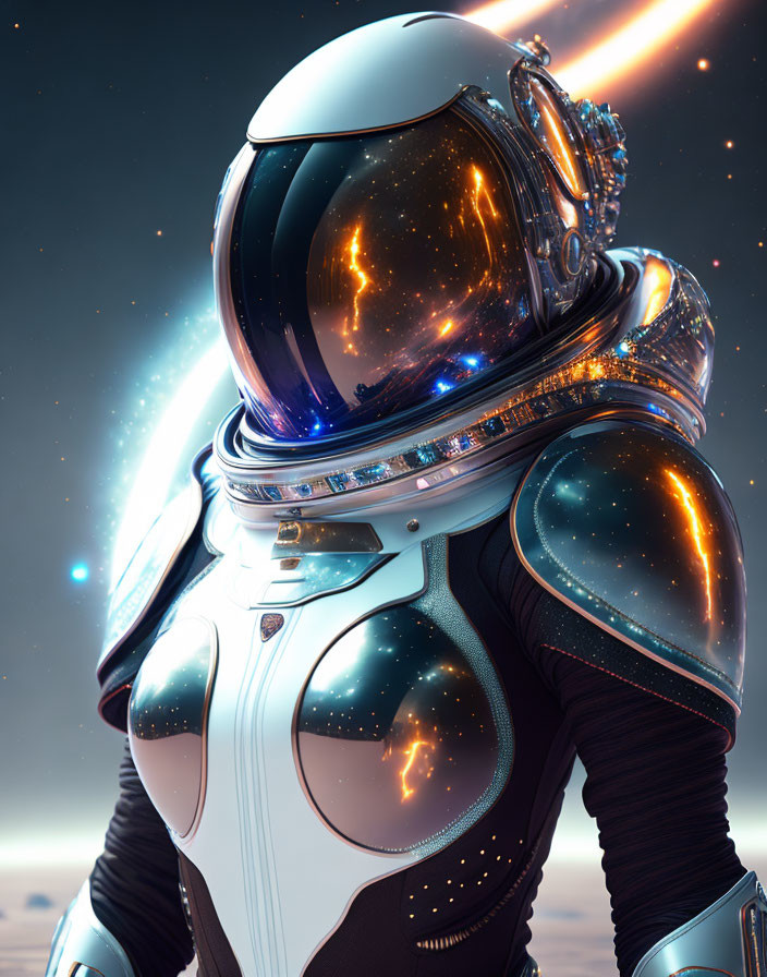 Futuristic astronaut in high-tech suit with orange glowing elements in cosmic backdrop.