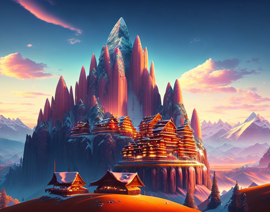 Luminescent mountains in sunset landscape with traditional structures