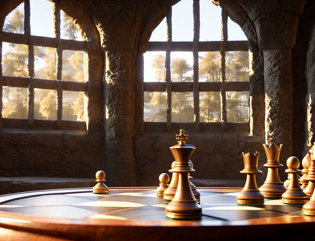 Chessboard bathed in sunlight with pieces set, framed by trees